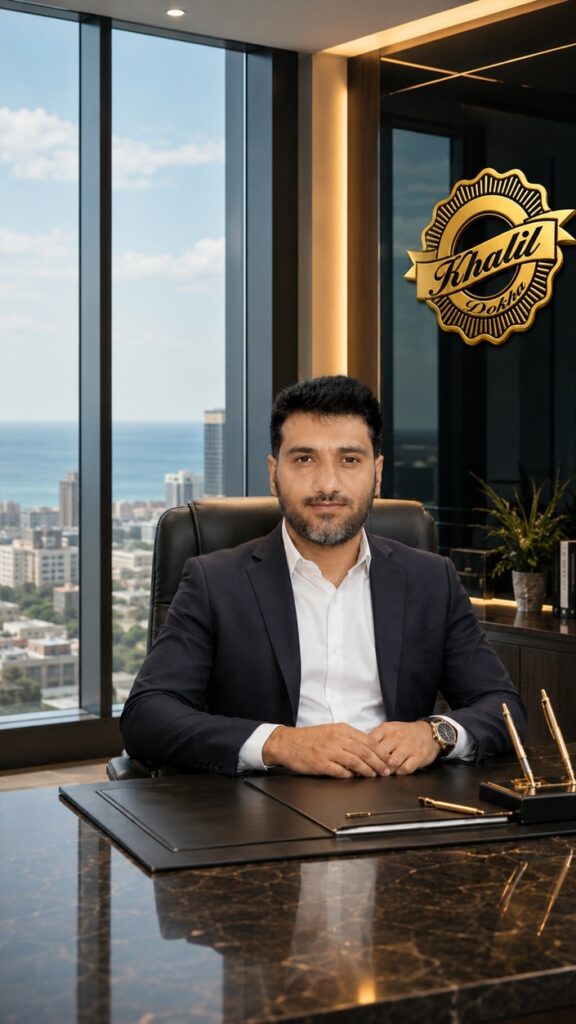 Hasan Khandan founder of New Khalil Smoking sitting in executive office with Doha city and sea view