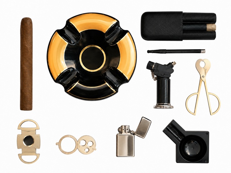 cigar and cigar accessories placed together 