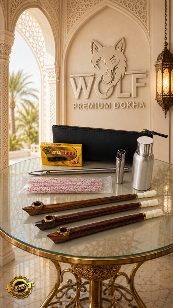 midwakh and accessories placed on the table with visible logo of wolf premium dokha at the back