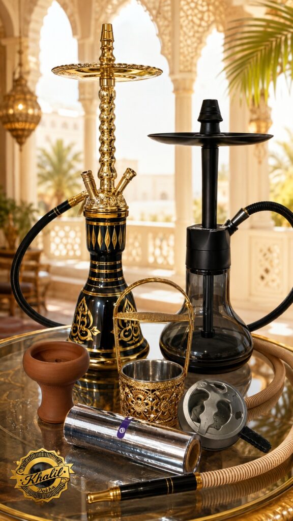 a clissic and a modern shisha is placed on the table with shisha accessories placed on the table on the front