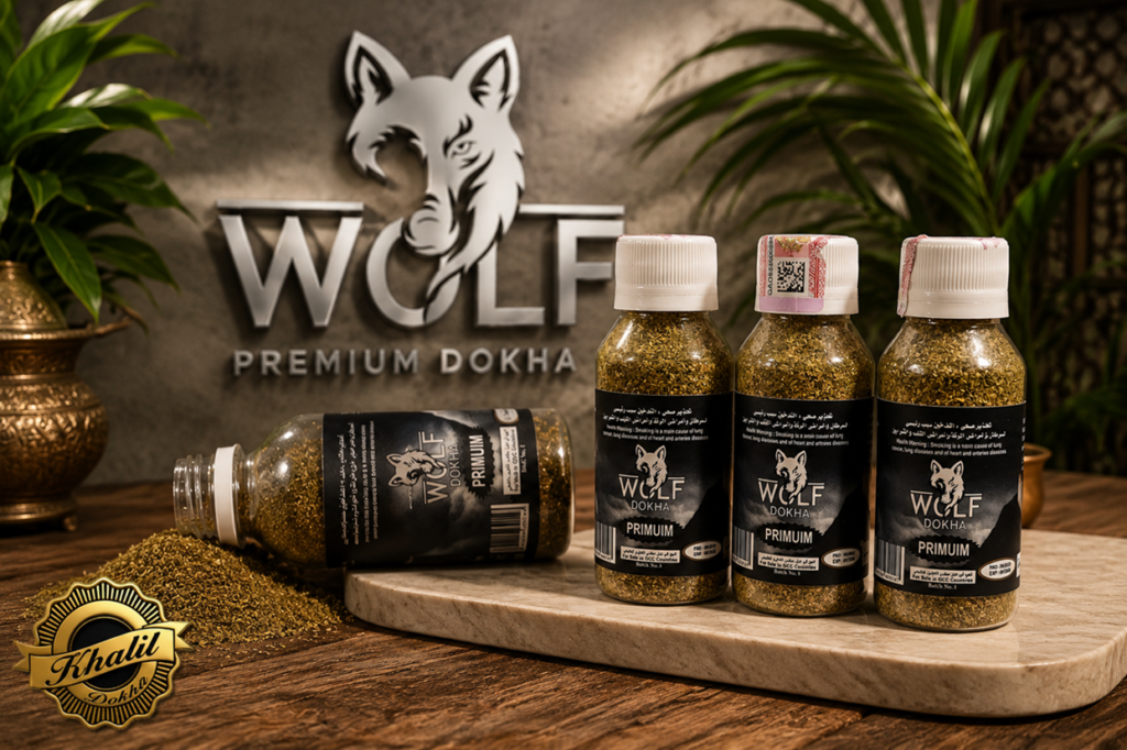 New Khalil Smoking Qatar luxury showroom with Wolf Premium Dokha, Midwakh pipes, shisha accessories, and Arabic gold interior design